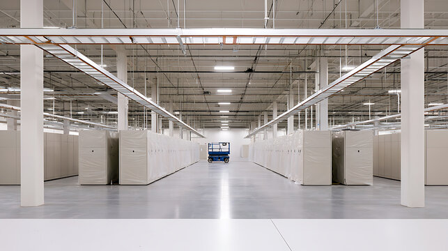 A vast modern distribution center interior featuring high ceilings, white pillars, rows of large storage units, and a small lift truck