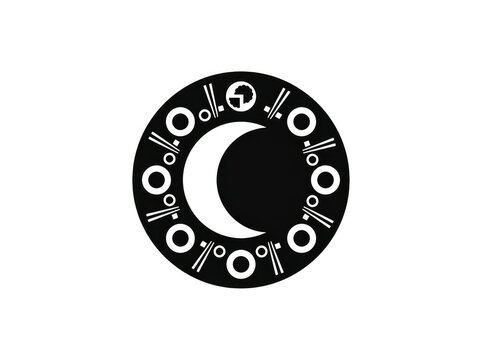Ornate celestial emblem design with a central crescent moon symbol surrounded by an intricate circular pattern of rings and dots on white background