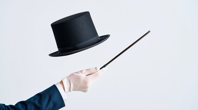 Magician hand with wand and floating top hat.