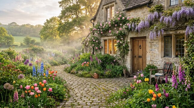 blooming spring garden before cozy rustic stone house in nature
