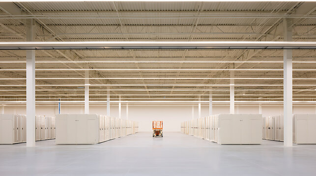 A vast and modern industrial warehouse interior featuring organized storage units and a small lift vehicle under bright overhead lighting system