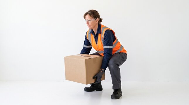 Woman in safety vest and glasses demonstrates proper lifting technique for a cardboard box in a studio setting