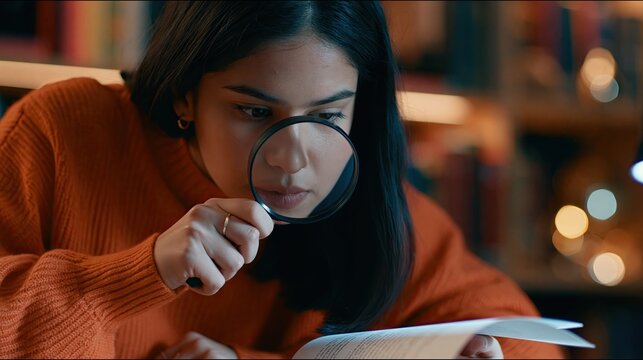 Young Woman Using Magnifying Glass to Read Document in Library