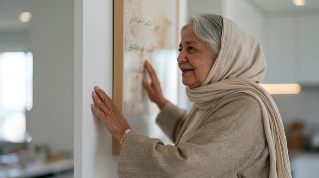 Iranian grandmother being shown the apartment she will share with her adult son's family, touching the wall texture and nodding approvingly, multigenerational home purchase