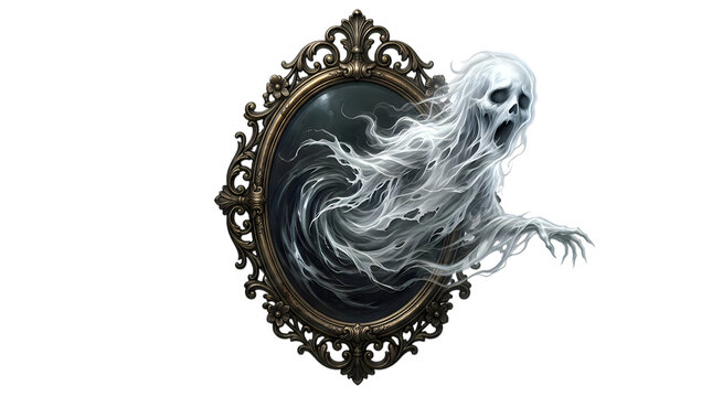 Scary ghost emerging from an ornate vintage mirror for a spooky halloween isolated on transparent background