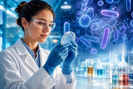 Microbiology scientist with conceptual microbial visualization representing future biotechnology research and innovation.