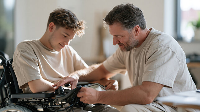 Rehabilitation engineer adjusting a custom AAC mounting system on a motorized wheelchair for a nonverbal autistic teenager, assistive technology specialist, positioning device,