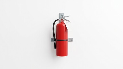 Fototapeta premium Red Fire Extinguisher Mounted on a White Wall with a Blank Tag Attached