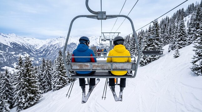 Skiers riding chairlift on a majestic snow-capped mountain, ascending towards an exciting winter adventure