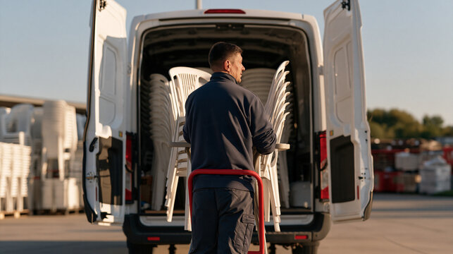 A Polish event coordinator loading folding tables and plastic chairs into a cargo van outside a storage unit early morning, preparing for a weekend children's birthday event at a