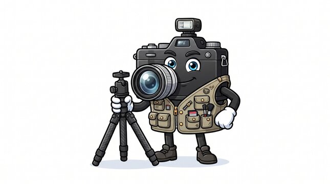 Cartoon camera character with a tripod and photography vest