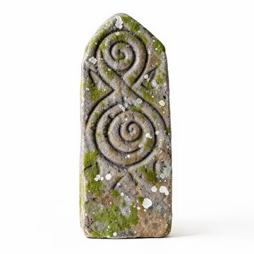 Weathered celtic standing stone with spiral motif, ancient upright monolith isolated on white background featuring moss and lichen details
