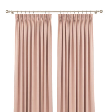 Pair of dusty pink pinch pleat curtains hanging on a metal rod isolated on a transparent background drapes