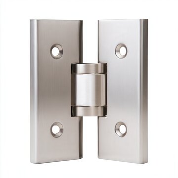 Polished metal door hinge on white background