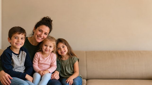 Happy mother and three children sitting together on a sofa at home