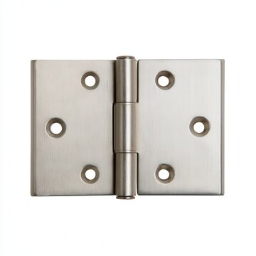 Metal door hinge with brushed finish on white background
