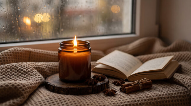 Aromatic candle burning beside an open book on a cozy window sill with rainy day
