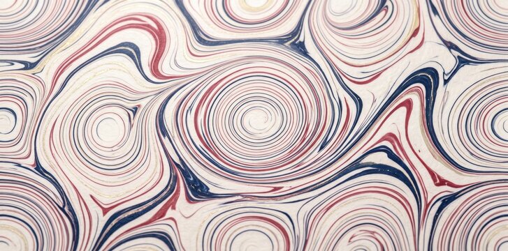 Abstract marbled paper texture featuring concentric swirls of red, navy blue, and cream white lines in a fluid liquid pattern