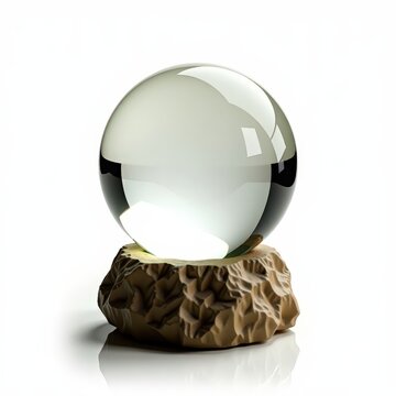 Crystal ball resting on rugged stone base for fortune telling and mystic predictions isolated on white background