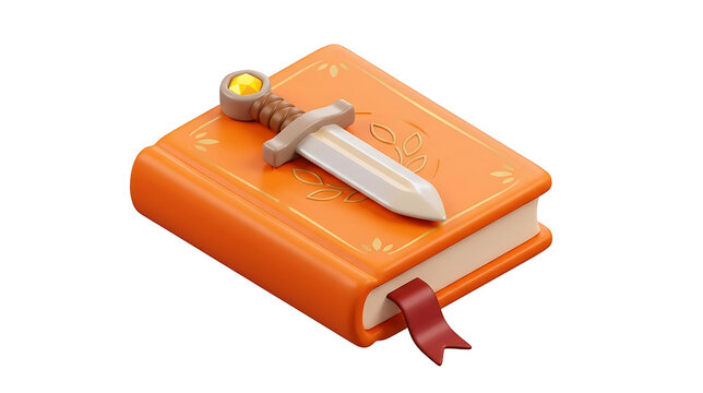 3d render of an orange fantasy book with a sword isolated on transparent background on a transparent background