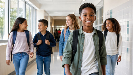Fototapeta premium Diverse schoolchildren walking together through a bright corridor