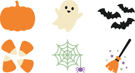 Fototapeta premium Halloween flat vector icon set, cute spooky holiday elements with pumpkin and ghost, 6 seasonal illustrations for party decor