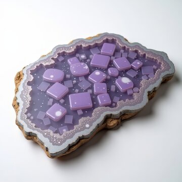Large lavender lepidolite mica slab with silvery flecks, flat glossy crystal mineral on white surface