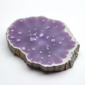 Large lepidolite mica slab with lavender purple color and silvery flecks, flat glossy mineral surface on white background