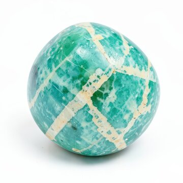 Tumbled amazonite pebble with turquoisegreen and cream veined patterns, smooth gemstone on white background