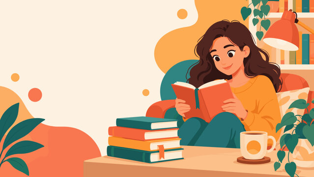 Young woman reads book with calm smile. Stack of colorful books sits beside her. Cup of tea rests nearby, inviting warmth. Soft lighting glows from hanging lamp above. Plants add life to cozy