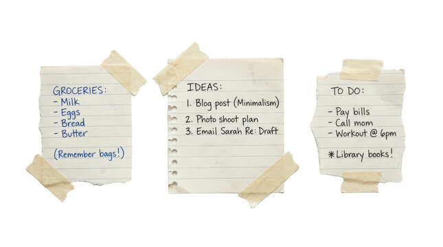 Handwritten notes taped on paper, grocery list and to do checklist memo, reminder sticky notes isolated on Transparent Background