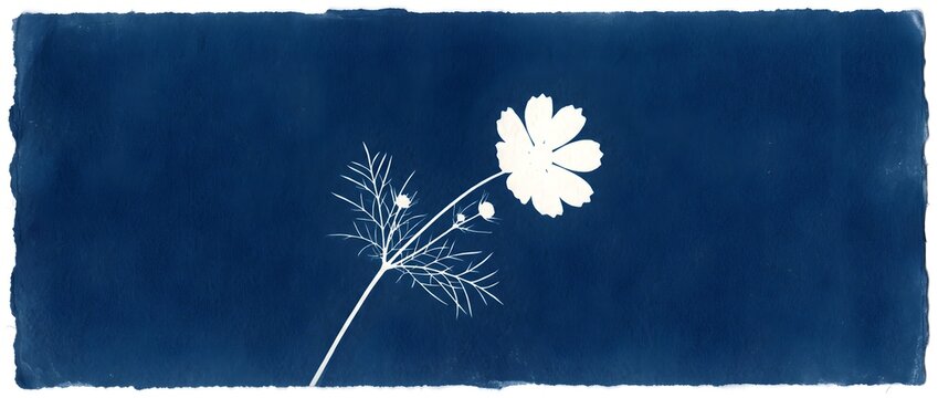Panoramic Cyanotype Print Featuring Single Cosmos Flower and Fine Botanical Stem