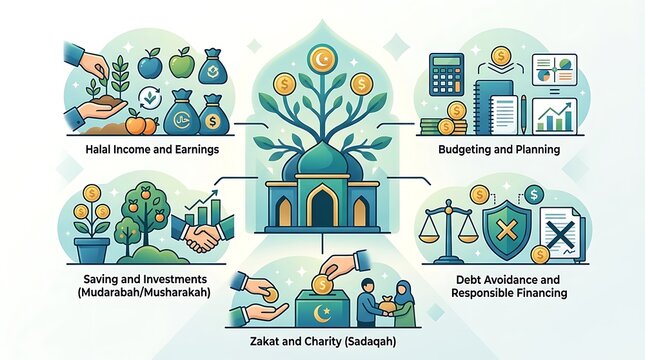 Islamic finance principles infographic showing halal wealth management