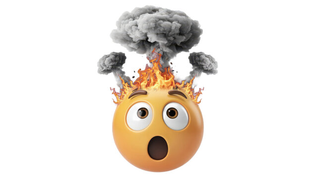 Surprised yellow emoji face with a fiery explosion and gray smoke clouds erupting from the of its head isolated on a transparent background