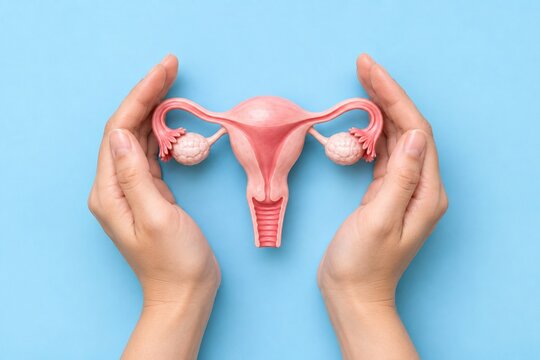 Female reproductive system model protected by hands