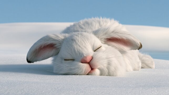 Fluffy arctic hare sliding on belly across ice, ears back, snowbank background, blue sky, copy space