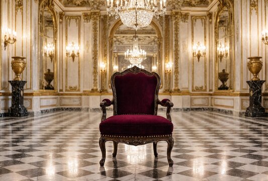 Luxury velvet throne chair in ornate palace interior