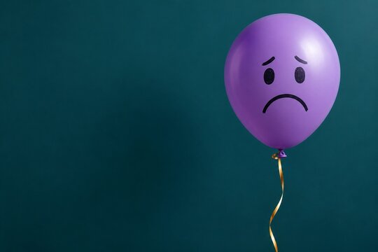 Purple balloon with sad face on dark teal background