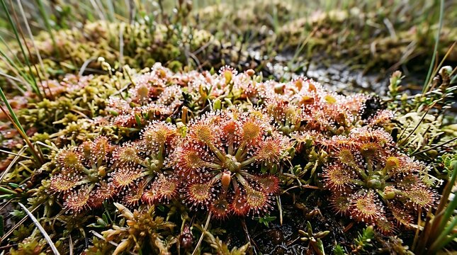 Red sundew plants with glistening dew in a natural bog habitat