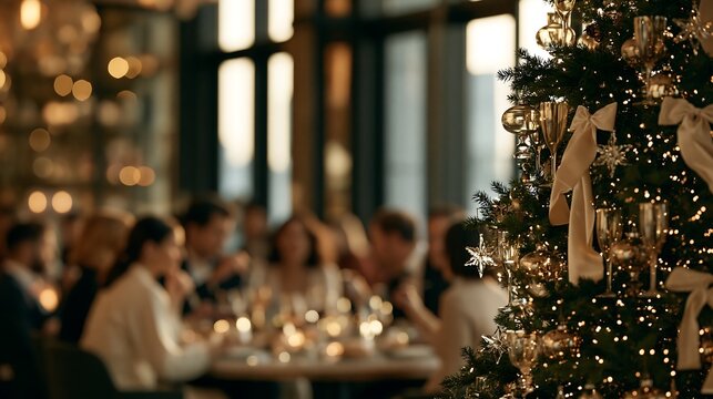 Elegant Christmas tree with gold ornaments, festive holiday dinner party in luxury restaurant, blurred people dining