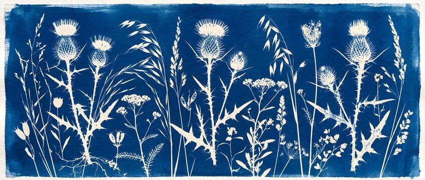 Panoramic Cyanotype Print Silhouette of Flowering Thistle Plants and Grasses