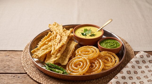 Authentic Ahmedabad Fafda Jalebi Gujarati Breakfast with Kadhi and Green Chutney