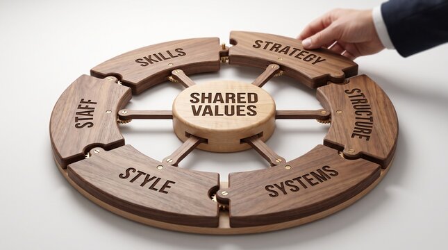 Businessman hand assembling a circular wooden puzzle representing the McKinsey 7S Framework concept on a white background