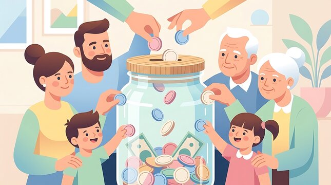 Multi generational family saving money in a large glass jar