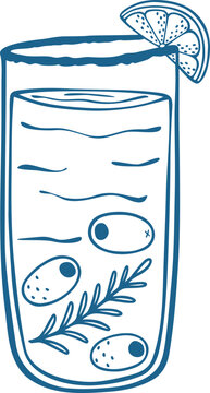 Line Art Savory Cocktail Glass Illustration with Olives and Herbs