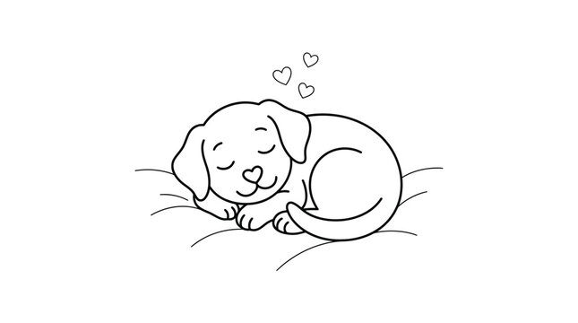 Happy Dog Character Mid-Jump with Ball in Minimalist Line Art Illustration