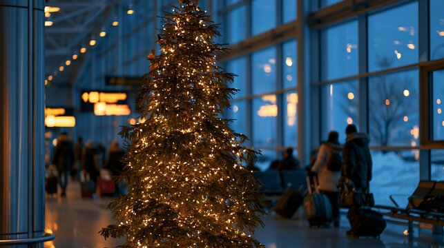 Illuminated Christmas tree at airport terminal with travelers in winter.