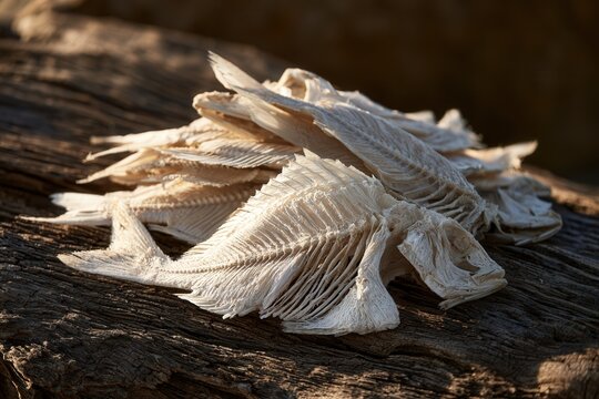 Dry fish skeletons piled on rough wood with natural light