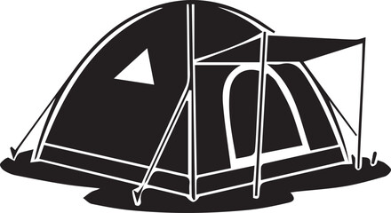 Black and white icon of a camping tent with an awning, vector illustration of outdoor gear for hiking and travel © KULSUMA