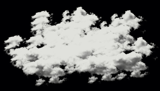 Fluffy white cumulus cloud isolated on black background, realistic natural cloud formation for sky compositing, high resolution cutout of a single cloud